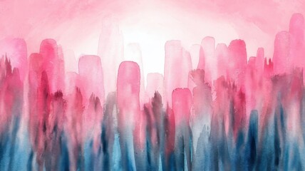 A vibrant watercolor landscape featuring soft pink and blue hues, creating a dreamy, ethereal atmosphere that captivates the viewer.