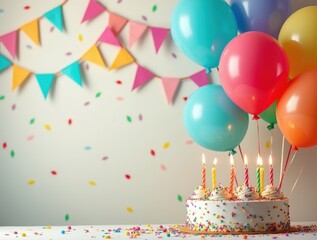 Colorful balloons, birthday cake and candles on festive party background Concept Birthday party decoration Festive balloons, colorful theme. There is space for text on the side.