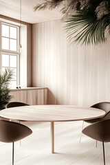 Modern minimalist dining room interior design; round wooden table with brown chairs; large window and plants; light wood walls and floors; perfect for home decor websites or magazines