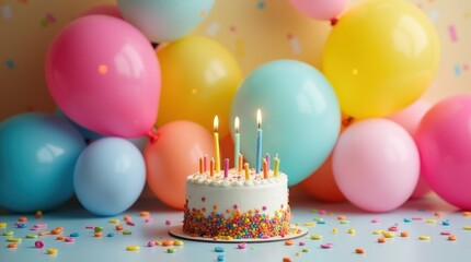 Colorful balloons, birthday cake and candles on festive party background Concept Birthday party decoration Festive balloons, colorful theme. There is space for text on the side.