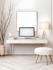 Modern minimalist home office workspace with computer, desk, chair, and decor. Ideal for productivity, remote work, or design blogs