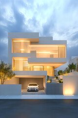 Modern minimalist house, twilight, coastal location, car in garage, architectural visualization for real estate