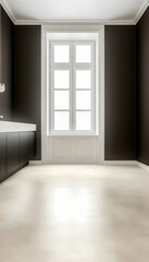Modern minimalist kitchen interior, large window, light wood floor, dark walls, perfect for design blogs or real estate listings