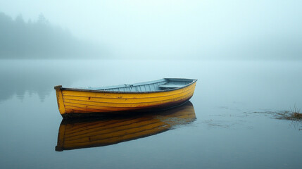 Naklejka premium A small wooden boat rests in the middle of a calm sea with fog and mist surrounding it, symbolizing tranquility before an impending storm, capturing a sense of stillness and tension