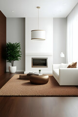 Modern minimalist living room interior design, featuring a fireplace, comfortable sofa, and potted plant; ideal for home decor websites