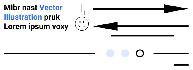 Horizontal and vertical black arrows, smiling face, blue and black text, three dots, horizontal lines convey movement, direction, simplicity. Ideal for presentations, infographics, web design
