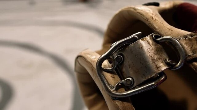 Boxing Match Training Gear Focus in Local Gym Showing Weathered Gloves and Ring Setup