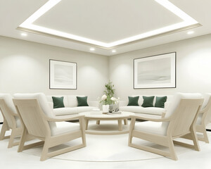 Modern minimalist living room with beige furniture, green accents, and calming artwork. Ideal for interior design websites or magazines