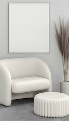 Modern minimalist living room with cream sofa, ottoman, and blank square canvas. Perfect for interior design or home decor