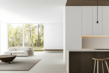 Fototapeta premium Modern minimalist living room with kitchen, large windows showing a green park, ideal for home design websites and magazines