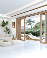 Naklejka premium Modern minimalist living room with sliding glass doors opening to a tranquil poolside patio and lush greenery. Ideal for showcasing interior design, architecture, and luxury real estate