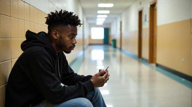 Young African American man sitting alone in a school hallway, holding a smartphone. Concept for social isolation and awareness during Marijuana Awareness Month