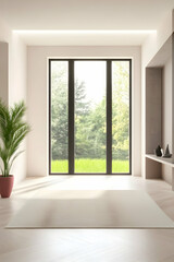 Modern minimalist room interior with large window overlooking green garden, ideal for home decor or real estate listings