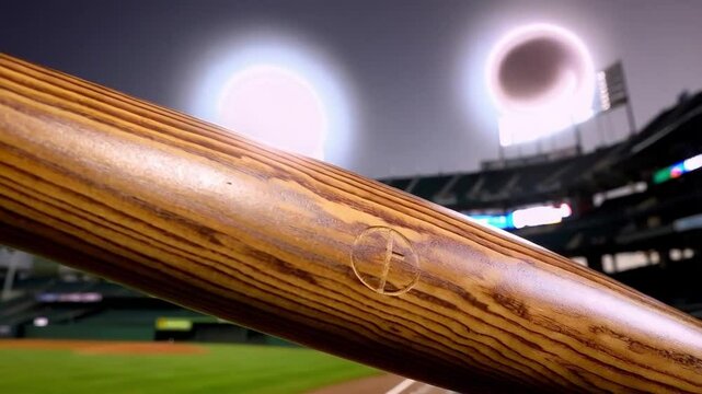Spectacular Night Baseball Game With Bright Stadium Lights and a Wooden Bat in the Foreground