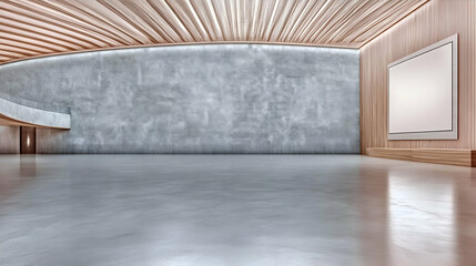 Modern minimalist wooden and concrete hall interior; empty space with large blank canvas; possible use for art gallery, event promotion