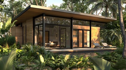 Tropical jungle villa rendering, poolside view, modern design, sunlight