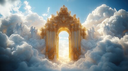 White, puffy clouds in the heavens with two golden gates, white angels on each gate