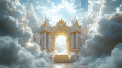 White, puffy clouds in the heavens with two golden gates, white angels on each gate
