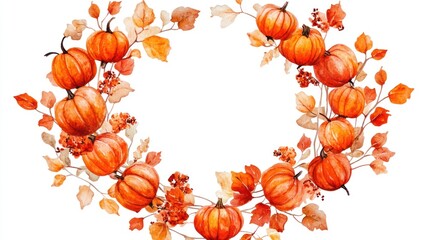 Watercolor pumpkin wreath, autumnal design, fall decor, printable background