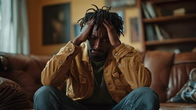 African american man with dreadlocks in mustard shirt sitting on sofa at home, fighting tears, experiencing deep emotional pain, going through grief, heartbreak. Suffering, loss, personal tragedy