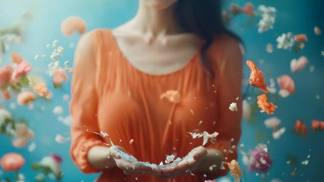Unrecognizable woman in orange dress holding cracking glass vase with flowers against blue floral background, vase shattering, flowers falling down. Concept of broken dreams, loss, shattered hopes