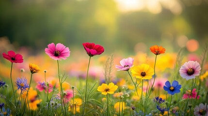 Fototapeta premium Field of wildflowers in full bloom with soft bokeh background