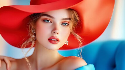 Beautiful woman wearing a bold red hat and stylish outfit poses elegantly indoors, showcasing her stunning features