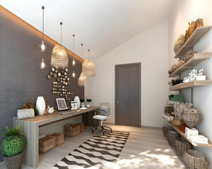 Modern spa reception area with wooden desk, shelves, and natural decor.  Relaxing atmosphere, sunlight streams in. Ideal for wellness brochure