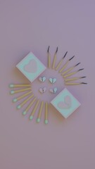Symmetrical composition of matches and broken heart symbols