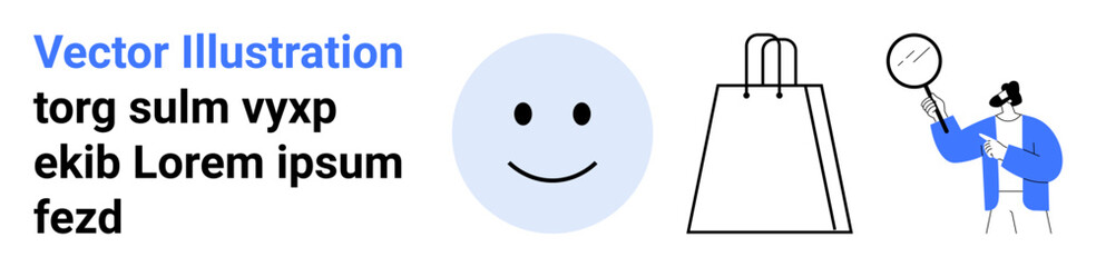 Smile face with text, shopping bag, person examining with magnifying glass. Ideal for business reviews, e-commerce, feedback, customer satisfaction, quality assurance, market analysis user