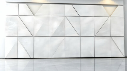 Obraz premium Modern white geometric wall paneling in an empty room, ideal for interior design or architectural presentations