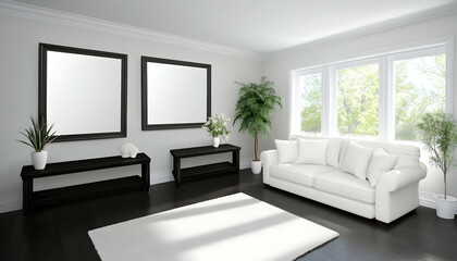 Modern white living room interior design with sofa, plants, and empty frames, bright sunlight through windows, ideal for home decor websites