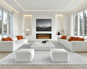 Fototapeta premium Modern white living room with fireplace, mountain view, and winter landscape. Ideal for interior design websites or magazines