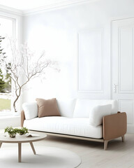 Fototapeta premium Modern white sofa in bright living room, spring tree branch, window view, minimalist interior design, home decor