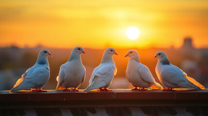 Closeup of group of five white pigeons on house rooftop early in the morning dawn sunrise or evening sunset. nature wildlife dove bird with wings, summer freedom, religion peace, city buildings. © Infinity Lens