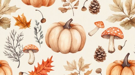 Watercolor Autumn Seamless Pattern with Pumpkins, Mushrooms, and Leaves