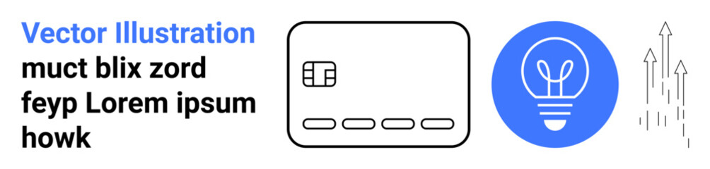 Credit card icon, blue circular light bulb, and upward arrows. Ideal for finance, innovation, technology, investment, business growth conceptual ideas startups. Landing page