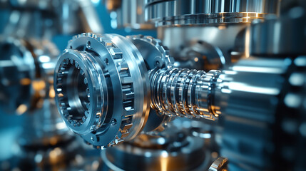 Naklejka premium Futuristic engineering machinery mechanism, industrial gear or cogwheel technology engine equipment, factory business manufacturing design concept, steel part connection.