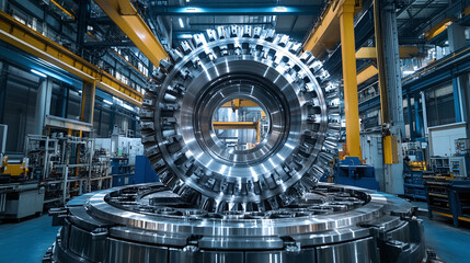 Obraz premium Futuristic engineering machinery mechanism, industrial gear or cogwheel technology engine equipment, factory business manufacturing design concept, steel part connection.