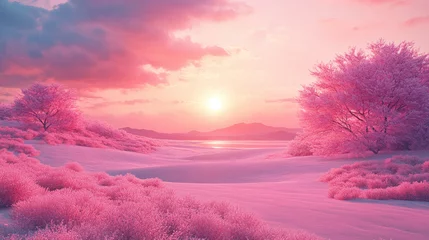 Fototapeten Surreal fantasy pink desert nature wallpaper, sunset in tropical summer paradise landscape. © Infinity Lens