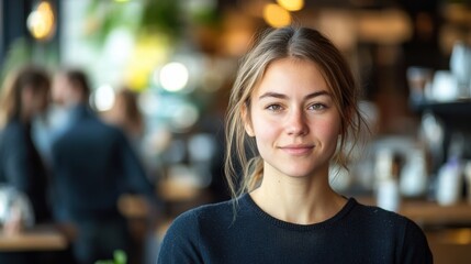 Portrait of woman in coffee shop with soft morning light