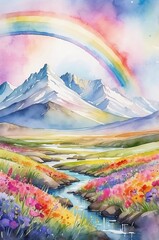Vivid tundra landscape with cheerful mood, bright rainbow over blooming flowers and distant mountains