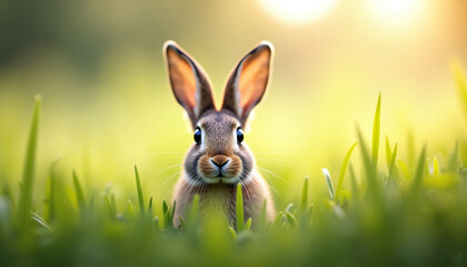 Rabbit in grass looking curiously
