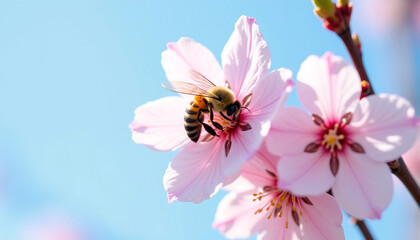 Obraz premium Bee pollinating pink cherry blossom flower against blue sky