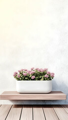Pink flowers in white planter on wooden shelf against white wall; minimalist home decor; calming interior design