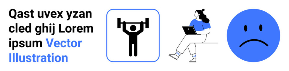 Text block, person lifting weights, woman with laptop, sad face icon. Ideal for fitness, remote work, mental health, balancing activities, productivity, well-being, emotions. Landing page