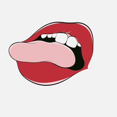 Twisted open mouth, tongue sticking out, thick woman's lips.