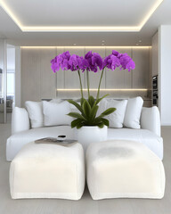 Purple orchids on a coffee table in a modern minimalist living room, overlooking a kitchen. Ideal for interior design websites or magazines