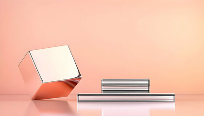 Rose gold cube and silver cylinders on peach background; product display, presentation, minimal design, website banner, advertising