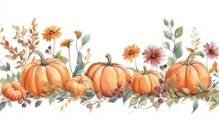 Watercolor Autumn Pumpkins & Flowers Border